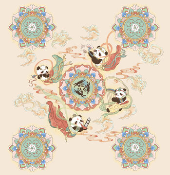 熊猫插画中秋卡通装饰藻井纹
