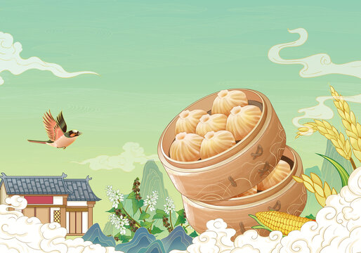 國風灌湯包手繪插畫