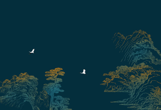 中式線(xiàn)描山水樓閣亭臺(tái)山水墻畫(huà)