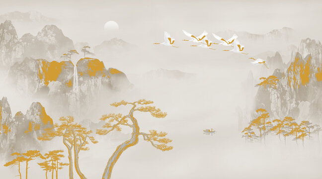 新中式描金山水背景墻