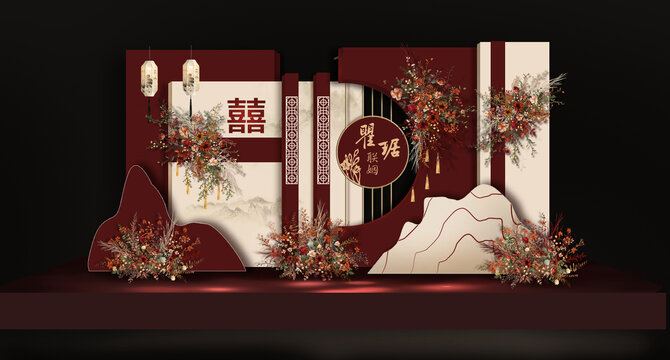 香檳紅色中式效果圖燈籠山