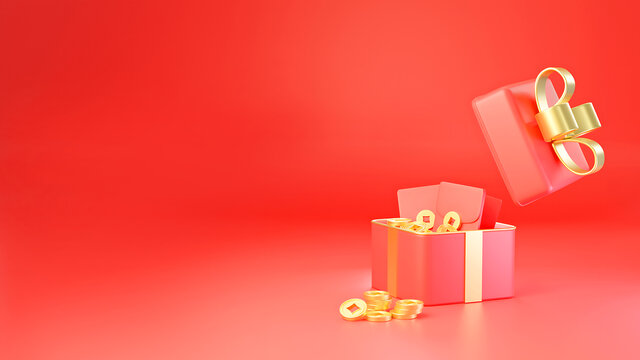 红色背景下的礼物盒的金币和红包