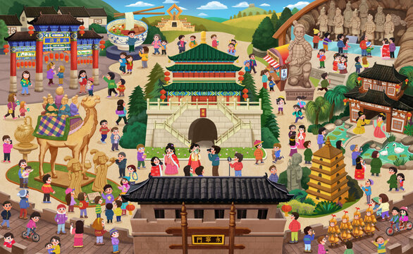 西安旅游插畫