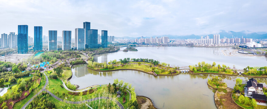 宁海县天明湖公园城市风光航拍