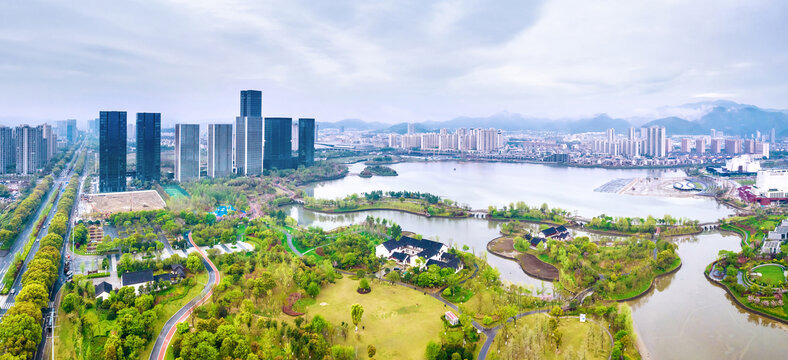 宁海县天明湖公园城市风光航拍