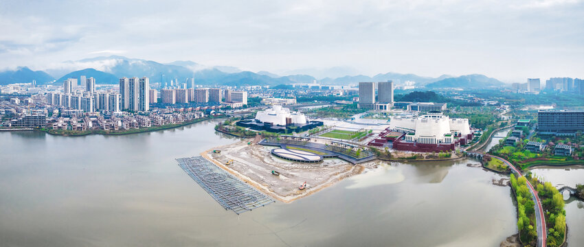 宁海县天明湖城市风光航拍