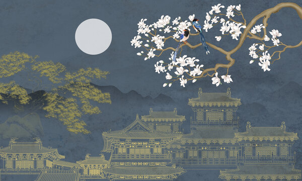 新中式線描山水壁畫(huà)
