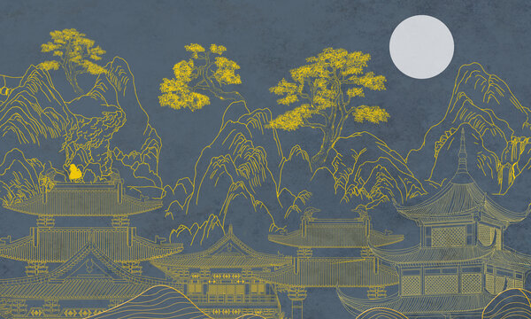 中式壁画白描山水画