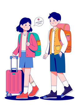 兩個人去旅游描邊矢量插畫