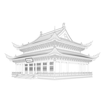 重檐歇山大雄寶殿透視線稿