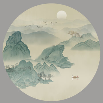 國(guó)潮圓形山水