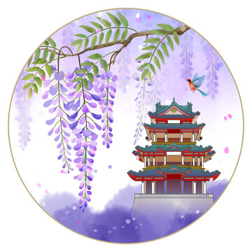 紫藤花古建筑插畫