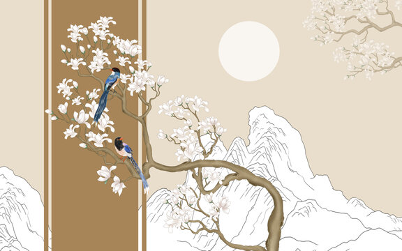 新中式玉蘭花背景墻
