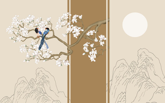 描線山水玉蘭花背景墻