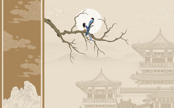 高端描線山水祥云仙鶴