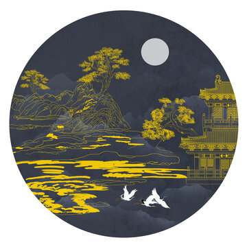 圓形樓閣刺繡裝飾畫(huà)