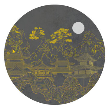 圓形閣樓描金山水
