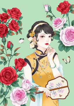 國(guó)潮旗袍美女插畫