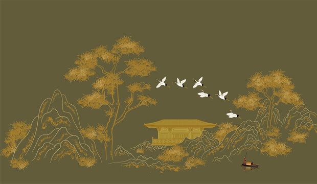 線描山水樓閣矢量壁畫(huà)