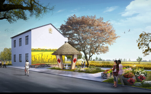 生態(tài)農(nóng)村改造茅草亭稻田透視日景