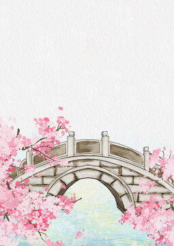 國風(fēng)水墨插畫古橋