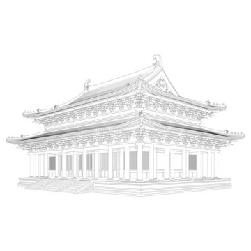 宋代重檐歇山大殿透視線稿