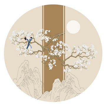 圓形描線山水花鳥