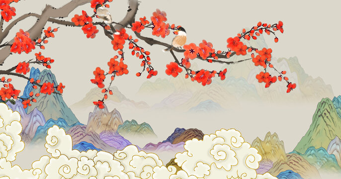 國(guó)潮梅花花鳥(niǎo)山水