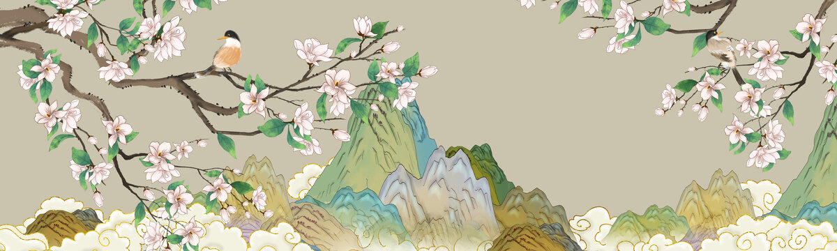 玉蘭花山水插畫(huà)