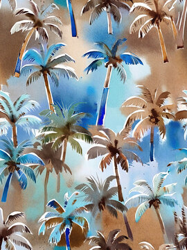 水彩椰子树海滩数码印花花型图案