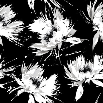 黑白泼墨昙花抽象花型图案
