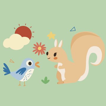 卡通動物松鼠小鳥印花圖案