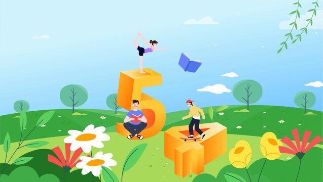 草地戶外五四扁平插畫背景橫版
