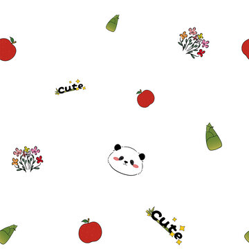 卡通熊猫苹果满印矢量图