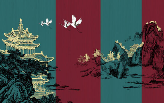新中式復(fù)古山水樓閣背景墻壁畫