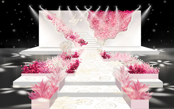 大气舞台设计白色玫红色玫瑰婚礼