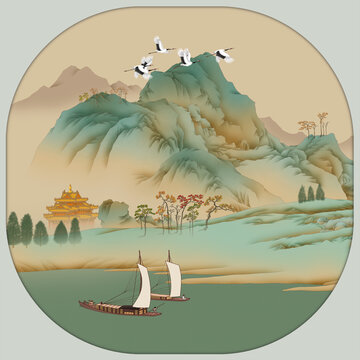 山水畫宮扇扇面