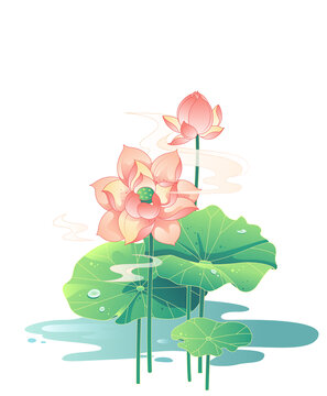 荷花中國風描邊插畫