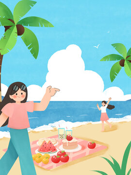 两个女孩去海边度假旅游野餐