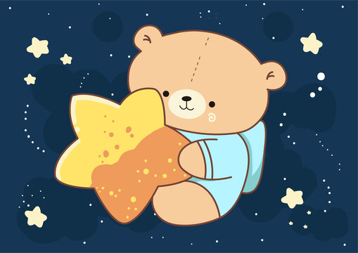 卡通太空小熊抱著星星矢量插畫