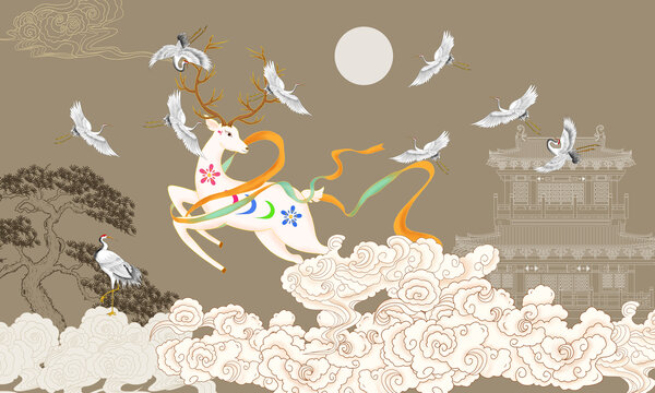 祥云九色鹿樓閣裝飾畫