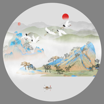 圓形青綠山水小品畫