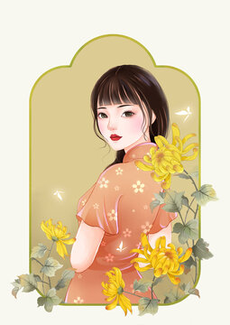 民國風菊花旗袍女孩插畫
