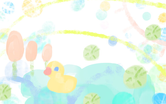 水彩笔刷晕染涂鸦池塘小黄鸭背景