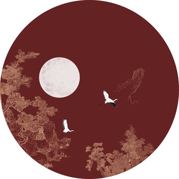 掛畫中式圓形線描山水框畫