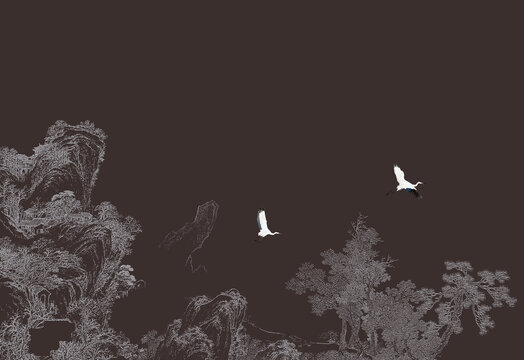 新中式線(xiàn)描山水墻畫(huà)壁畫(huà)背景畫(huà)