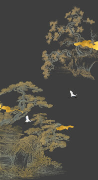 中式框畫線描古建筑山水裝飾畫