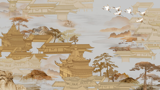新中式線描閣樓背景墻