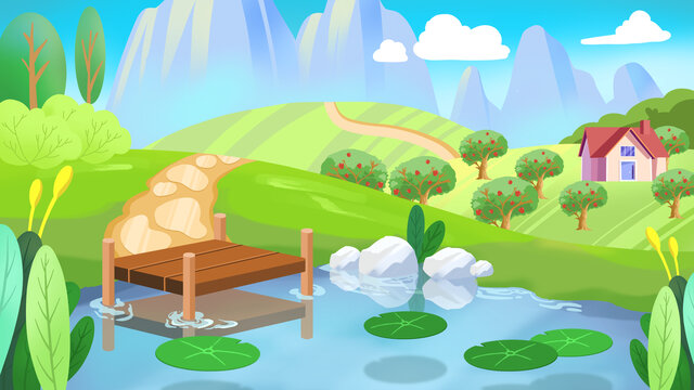 卡通手繪插畫池塘場景