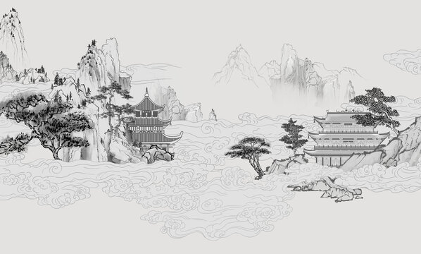 中式线描山水画